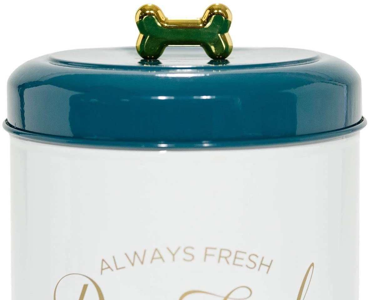 Round pet snacks and food storage containers with lids, applique gold letters and bone-shaped knobs, food safe