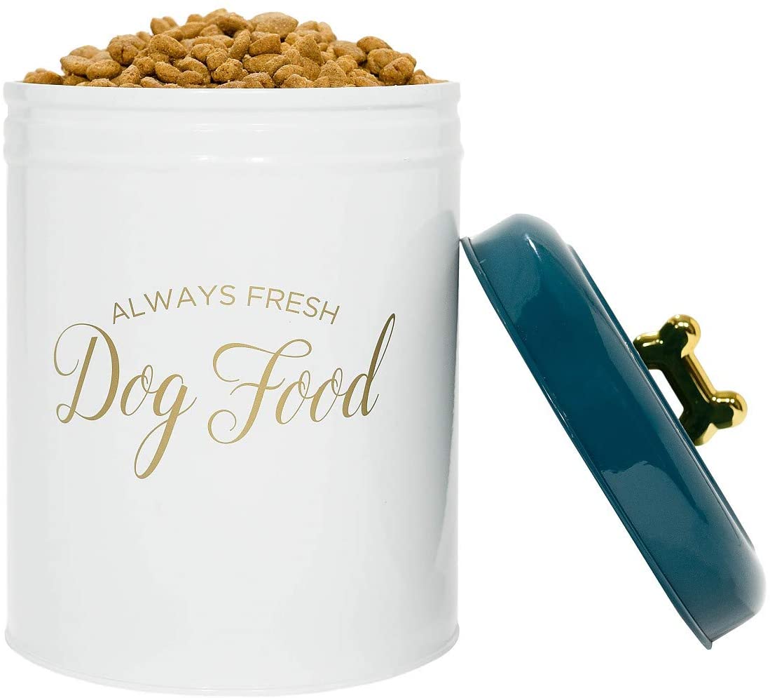 Round pet snacks and food storage containers with lids, applique gold letters and bone-shaped knobs, food safe