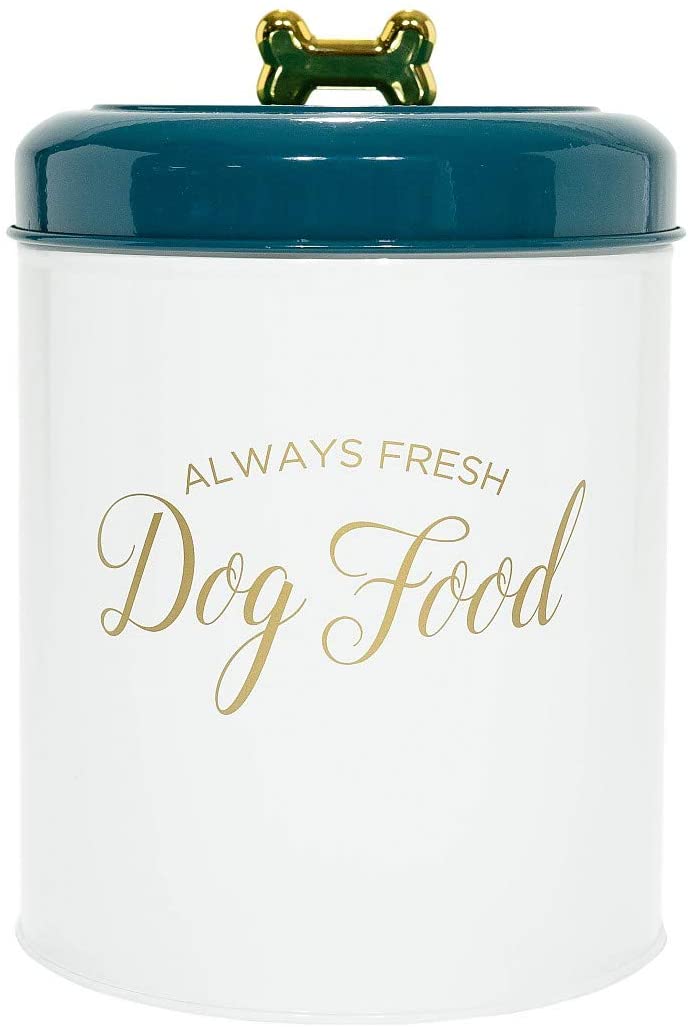 Round pet snacks and food storage containers with lids, applique gold letters and bone-shaped knobs, food safe