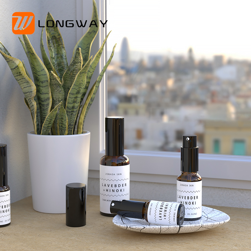 Round shape 10ml 15ml 20ml 30ml 50ml boston amber glass spray bottle with black pump for perfume cosemtic packaging