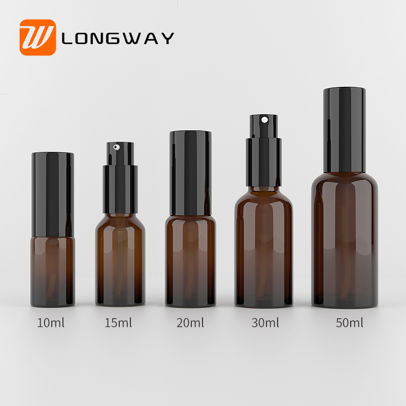 Round shape 10ml 15ml 20ml 30ml 50ml boston amber glass spray bottle with black pump for perfume cosemtic packaging