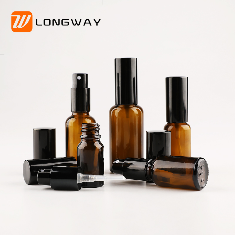 Round shape 10ml 15ml 20ml 30ml 50ml boston amber glass spray bottle with black pump for perfume cosemtic packaging