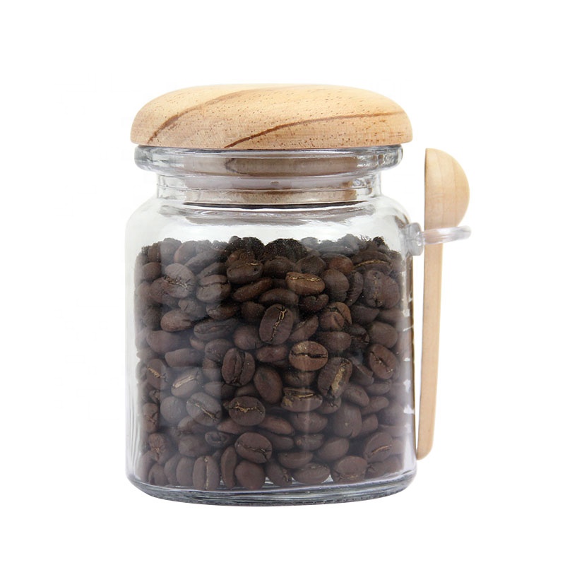 Round shape 200ml glass spice jar with bamboo lid and spoon