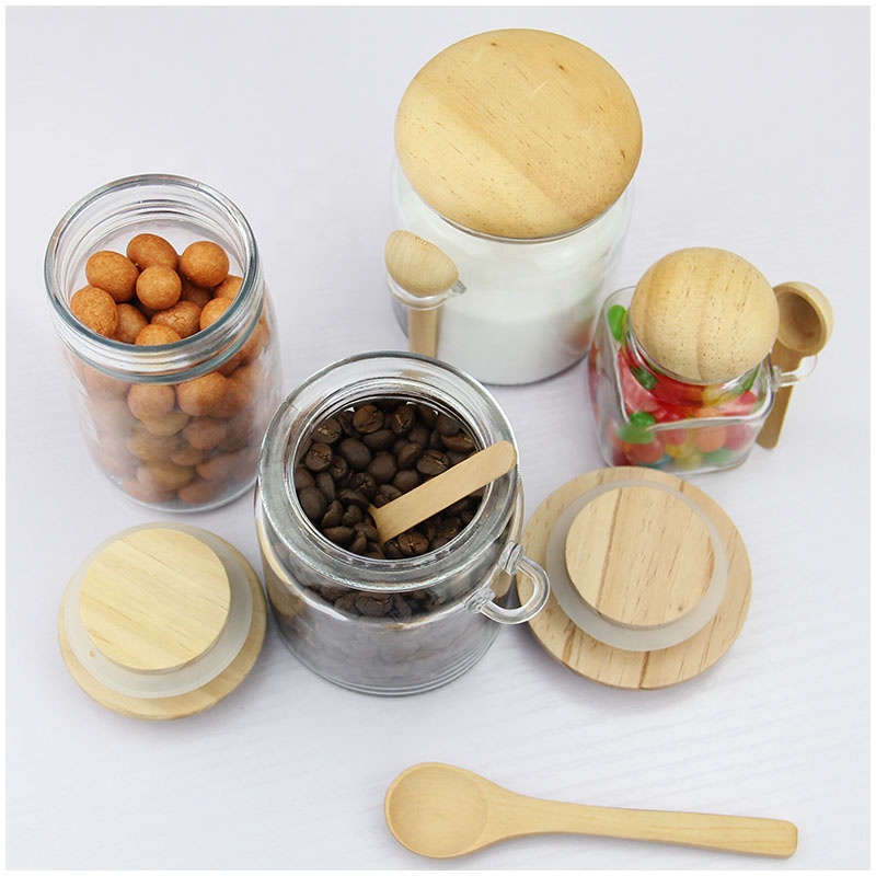 Round shape 200ml glass spice jar with bamboo lid and spoon