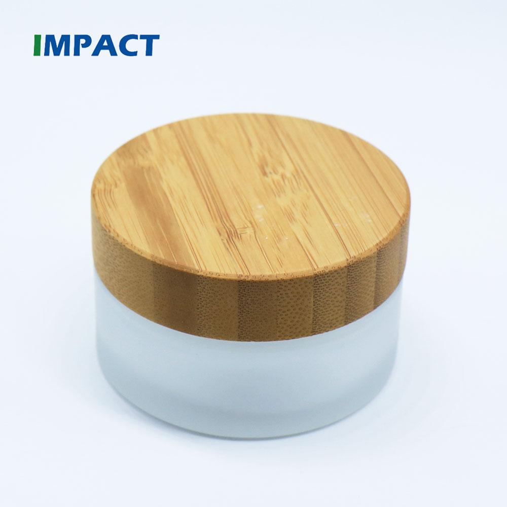 Round shape frosted glass cosmetic container jar with bamboo cap 100g