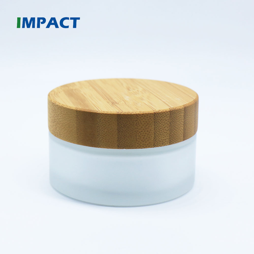 Round shape frosted glass cosmetic container jar with bamboo cap 100g
