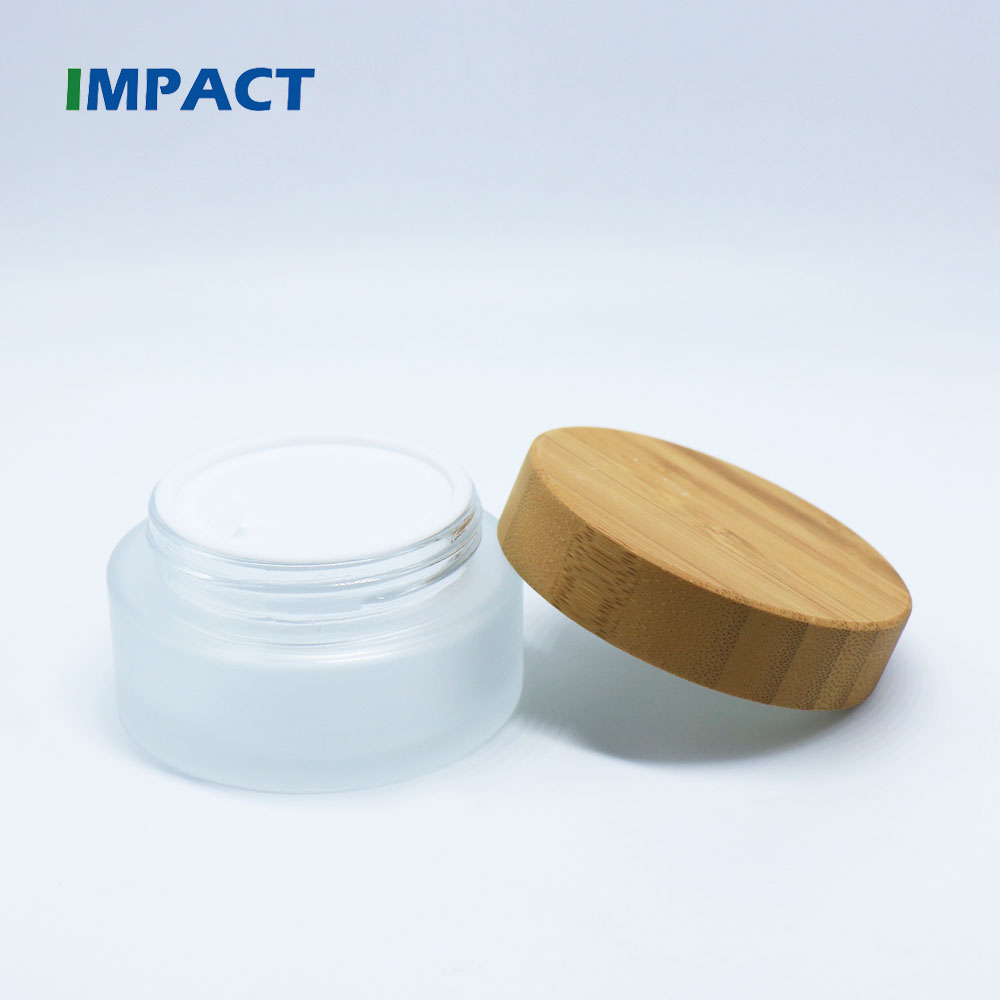 Round shape frosted glass cosmetic container jar with bamboo cap 100g