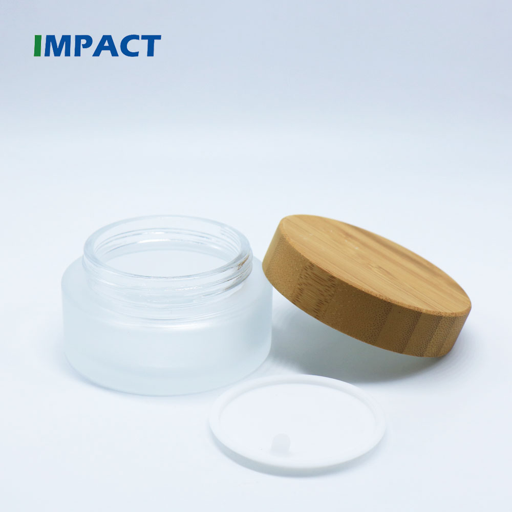 Round shape frosted glass cosmetic container jar with bamboo cap 100g