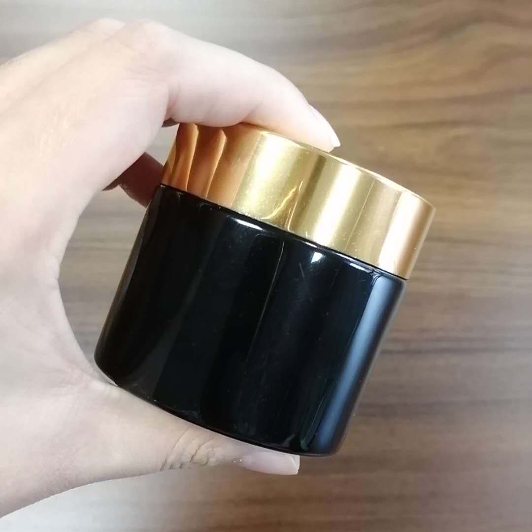 Round shiny black 60g cosmetics cream glass jar with gold lid