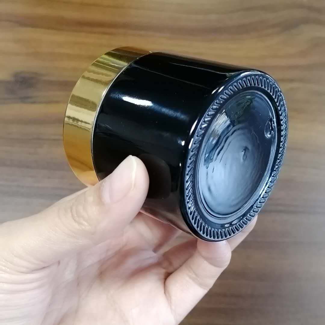 Round shiny black 60g cosmetics cream glass jar with gold lid