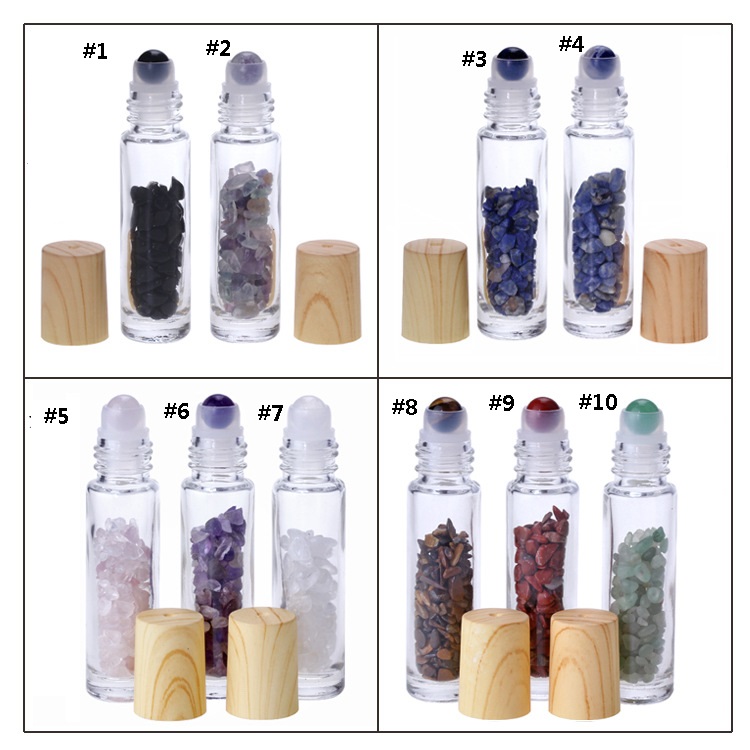 S692 10 ml clear glass roll on the perfume bottle with natural quartz stone ball wood grain cover glass bottle