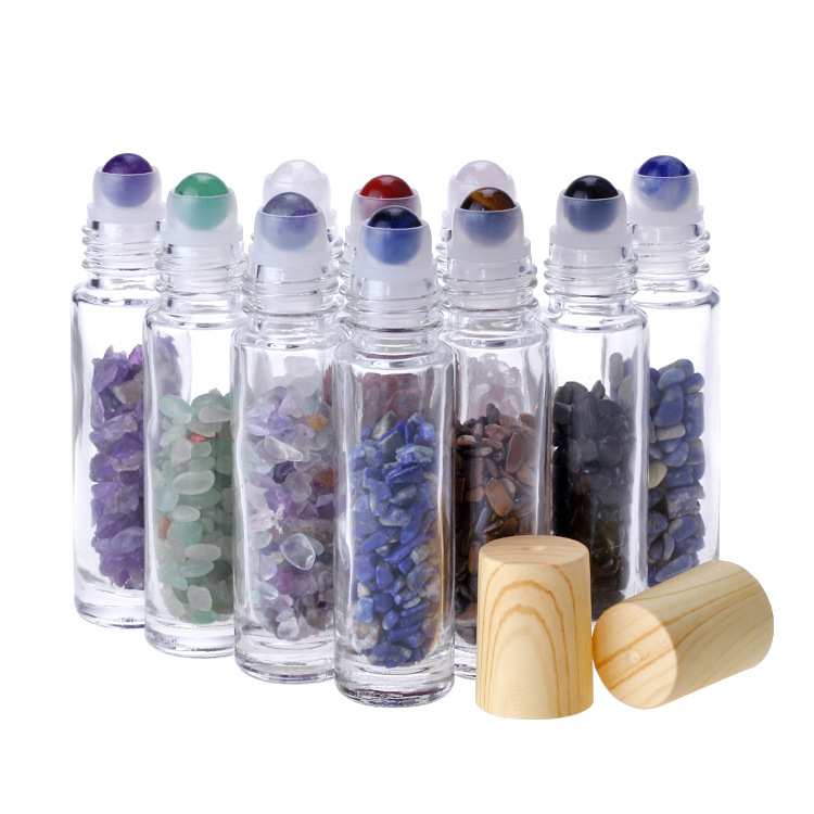 S692 10 ml clear glass roll on the perfume bottle with natural quartz stone ball wood grain cover glass bottle