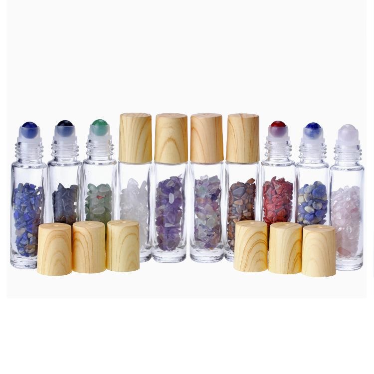 S692 10 ml clear glass roll on the perfume bottle with natural quartz stone ball wood grain cover glass bottle