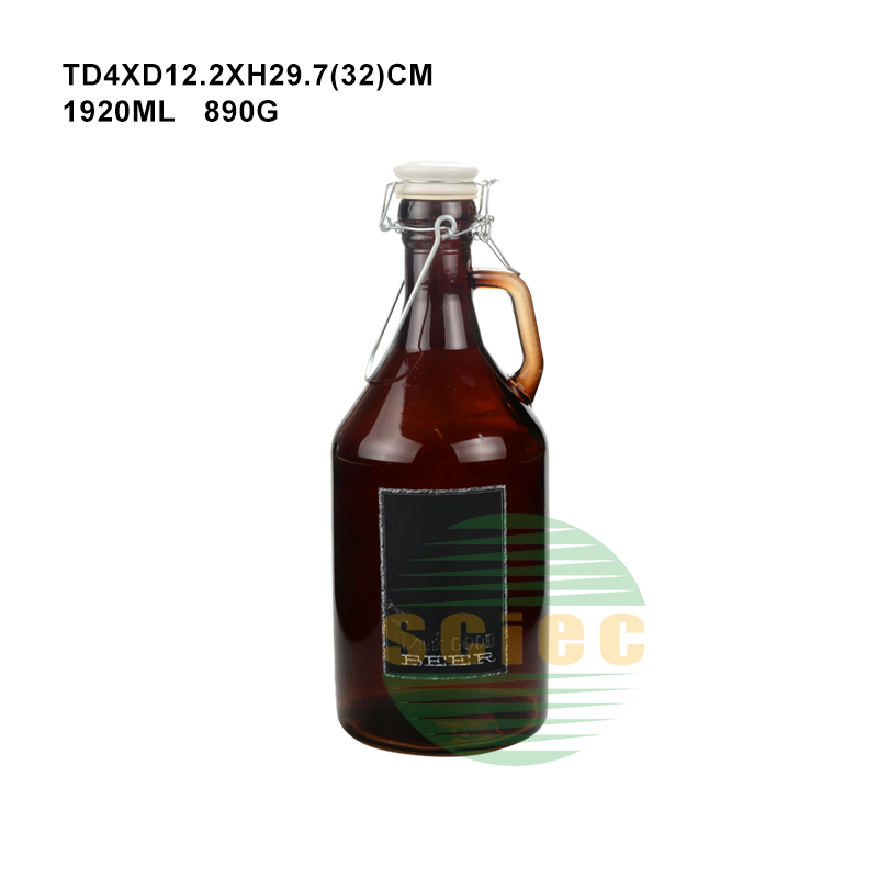 SCIEC wholesale customized printing 2 pcs of glass cup 1L 2L amber glass beer growler bottle with clip and ceramic lids