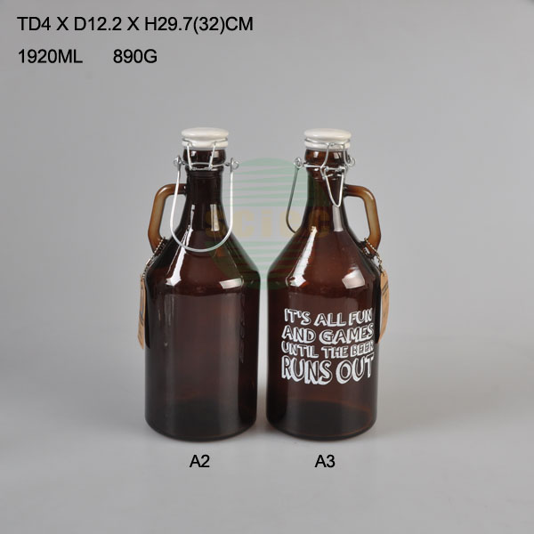 SCIEC wholesale customized printing 2 pcs of glass cup 1L 2L amber glass beer growler bottle with clip and ceramic lids