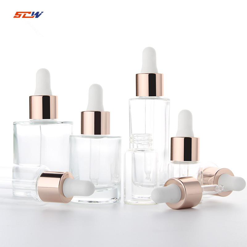 SCW 10ml 15ml 20ml 25ml 30ml 50ml essential oil serum flat shoulder frosted clear glass dropper bottle with pipette