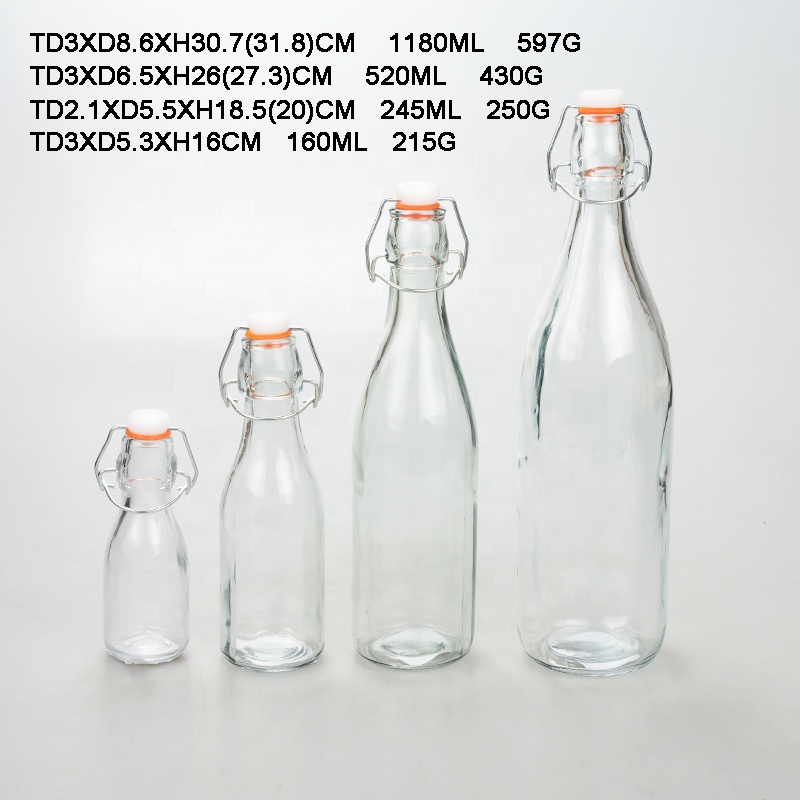 SET 4 Round Glass Water Bottle with Clip Lid