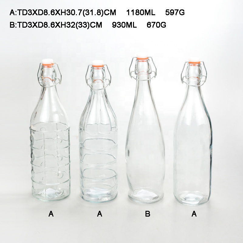 SET 4 Round Glass Water Bottle with Clip Lid