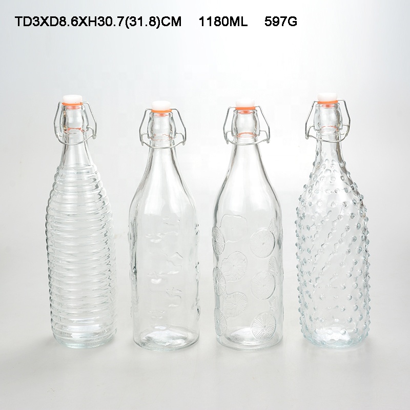 SET 4 Round Glass Water Bottle with Clip Lid