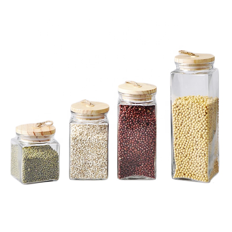 SET 4 Square Glass Storage Jar with Wood Lid