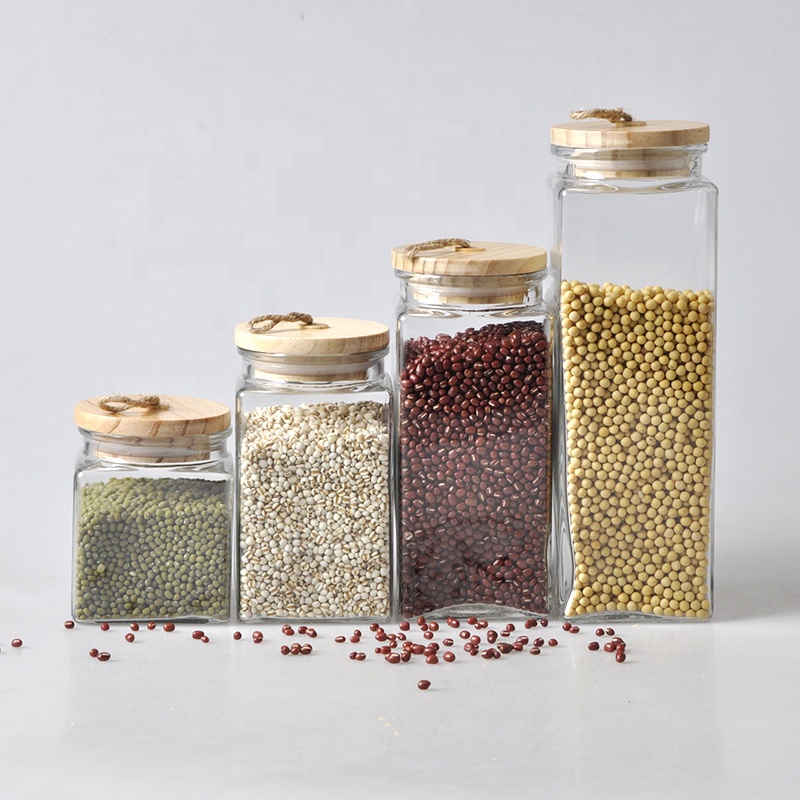 SET 4 Square Glass Storage Jar with Wood Lid