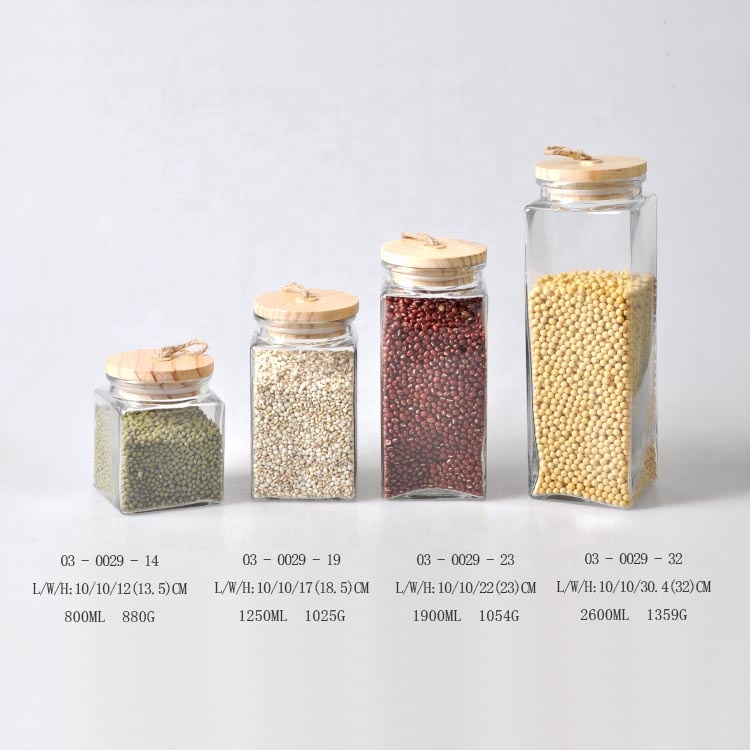 SET 4 Square Glass Storage Jar with Wood Lid