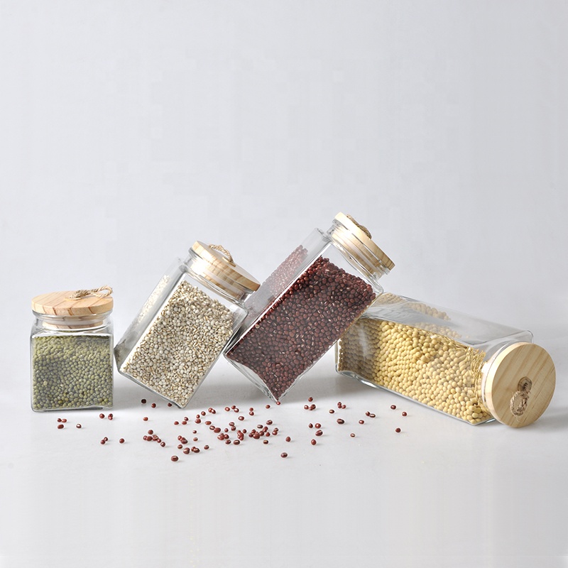 SET 4 Square Glass Storage Jar with Wood Lid