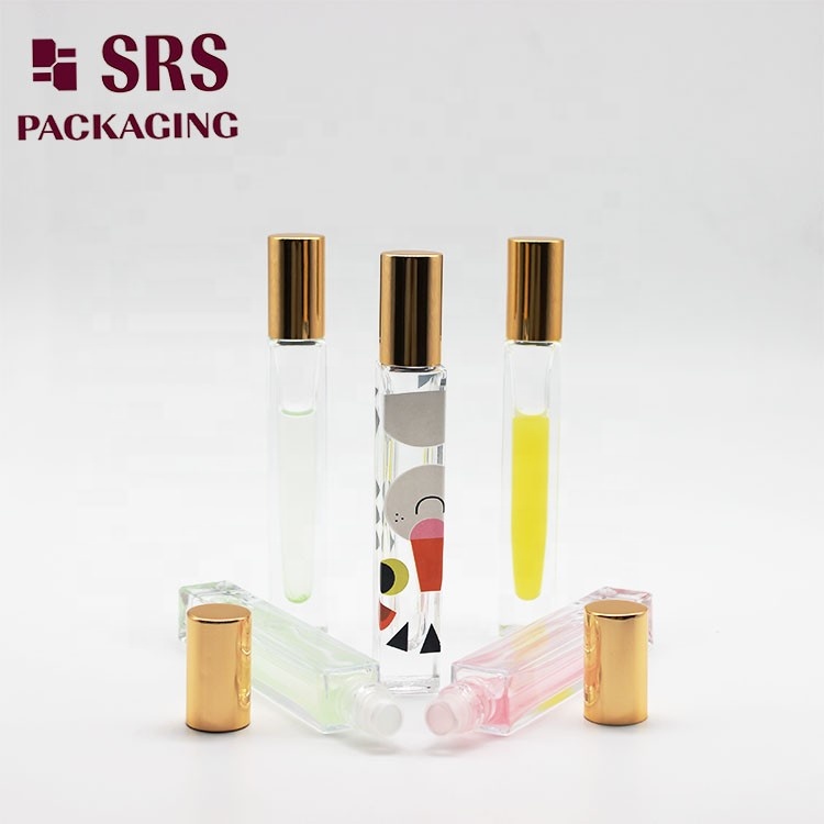 SRS Hot sale high quality transparent customized color volume 10ml glass roll on bottle with stainless steel roller ball