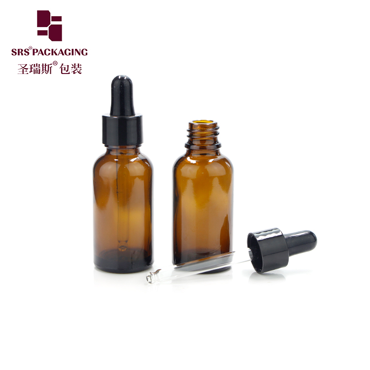 SRS new product 30ml black white glossy rubber dropper glass bottle