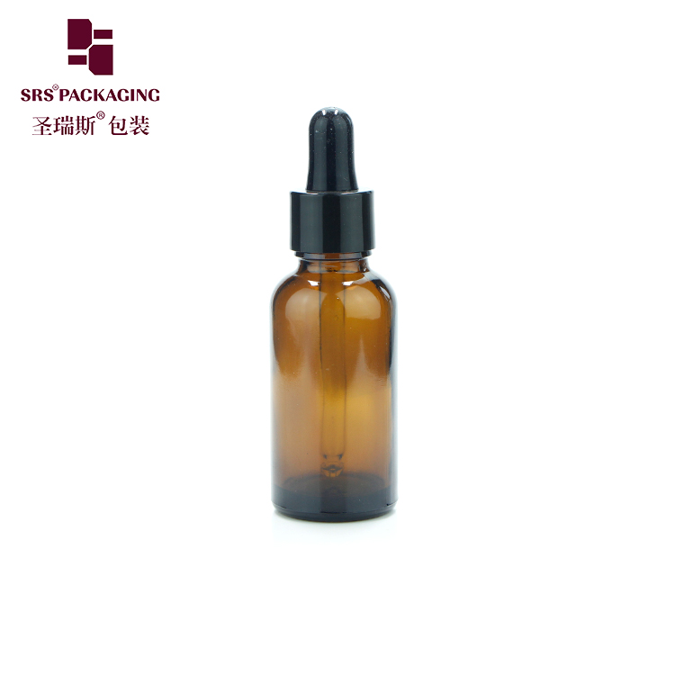 SRS new product 30ml black white glossy rubber dropper glass bottle