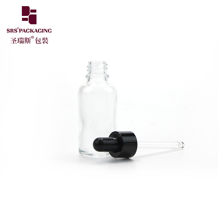 SRS new product 30ml black white glossy rubber dropper glass bottle