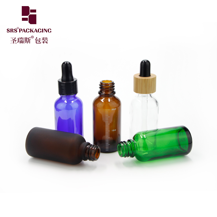 SRS new product 30ml black white glossy rubber dropper glass bottle