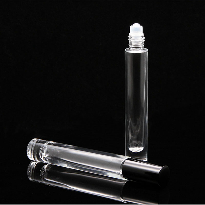 SS Fancy 10ml clear cylinder thick wall heavy bottom roll on essential oil glass bottles with metal roller balls for perfume
