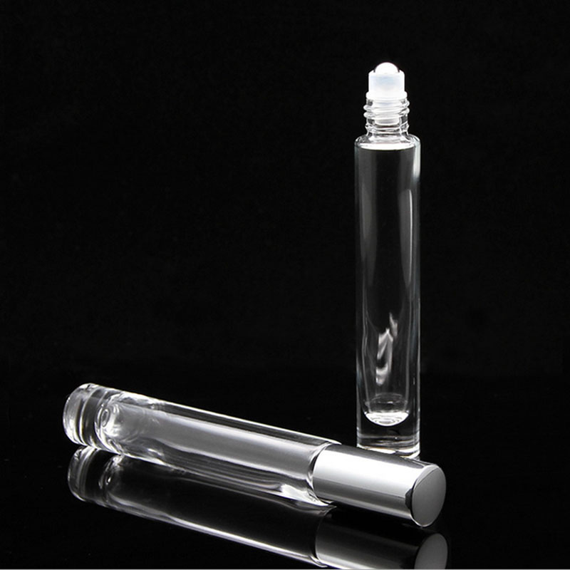 SS Fancy 10ml clear cylinder thick wall heavy bottom roll on essential oil glass bottles with metal roller balls for perfume