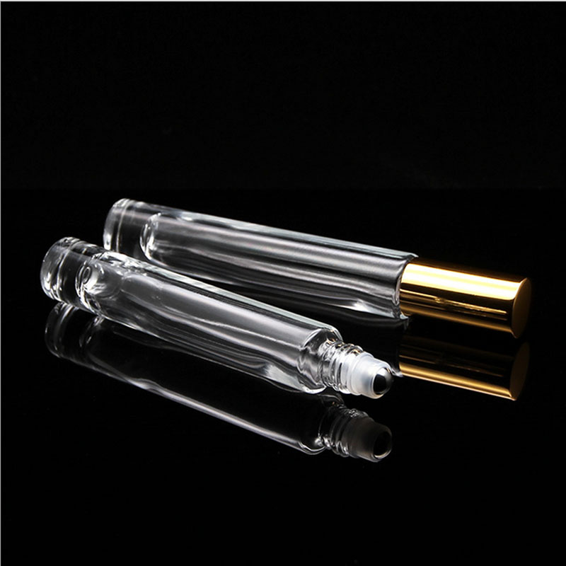 SS Fancy 10ml clear cylinder thick wall heavy bottom roll on essential oil glass bottles with metal roller balls for perfume