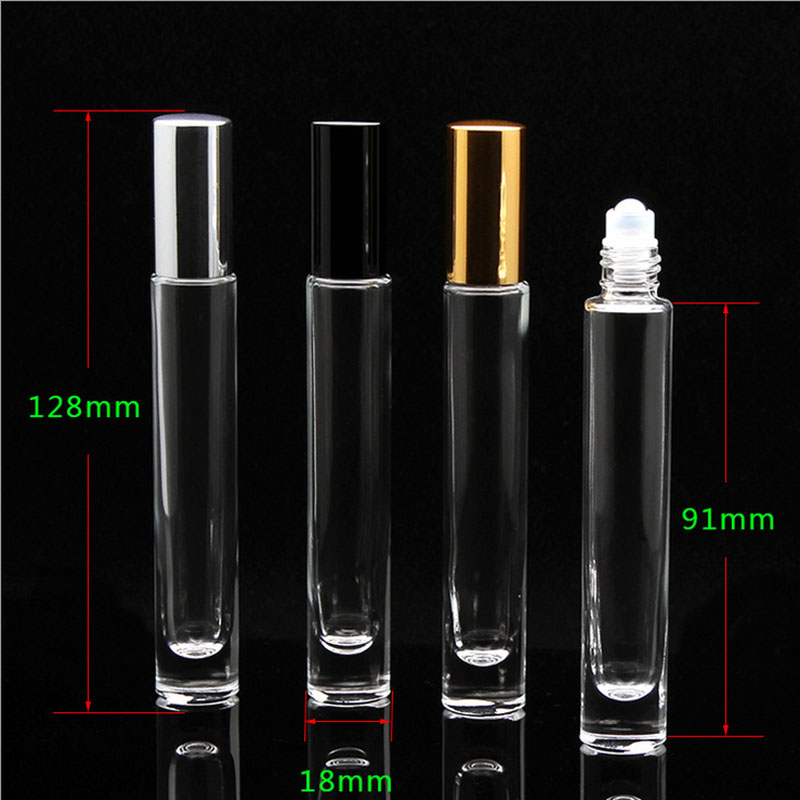 SS Fancy 10ml clear cylinder thick wall heavy bottom roll on essential oil glass bottles with metal roller balls for perfume