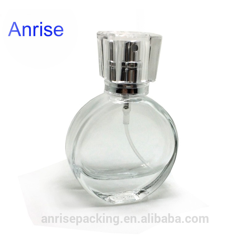STOCK Elegant 25ml Oval Shape Clear Glass Perfume Bottle Refillable Pump Atomizer Bottle with Sprayer and Clear Caps