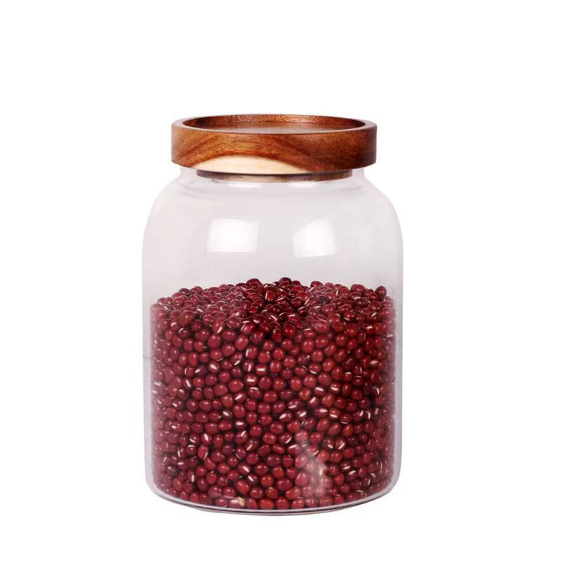 Safety for food  2021 hot sell borosilicate kitchen storage glass jar with bamboo and wood lid