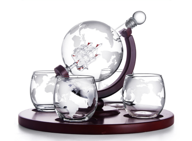 Sailing Map Whiskey Craft globe Wine glass decanter with 4 glass cup