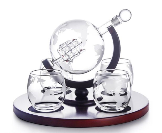 Sailing Map Whiskey Craft globe Wine glass decanter with 4 glass cup