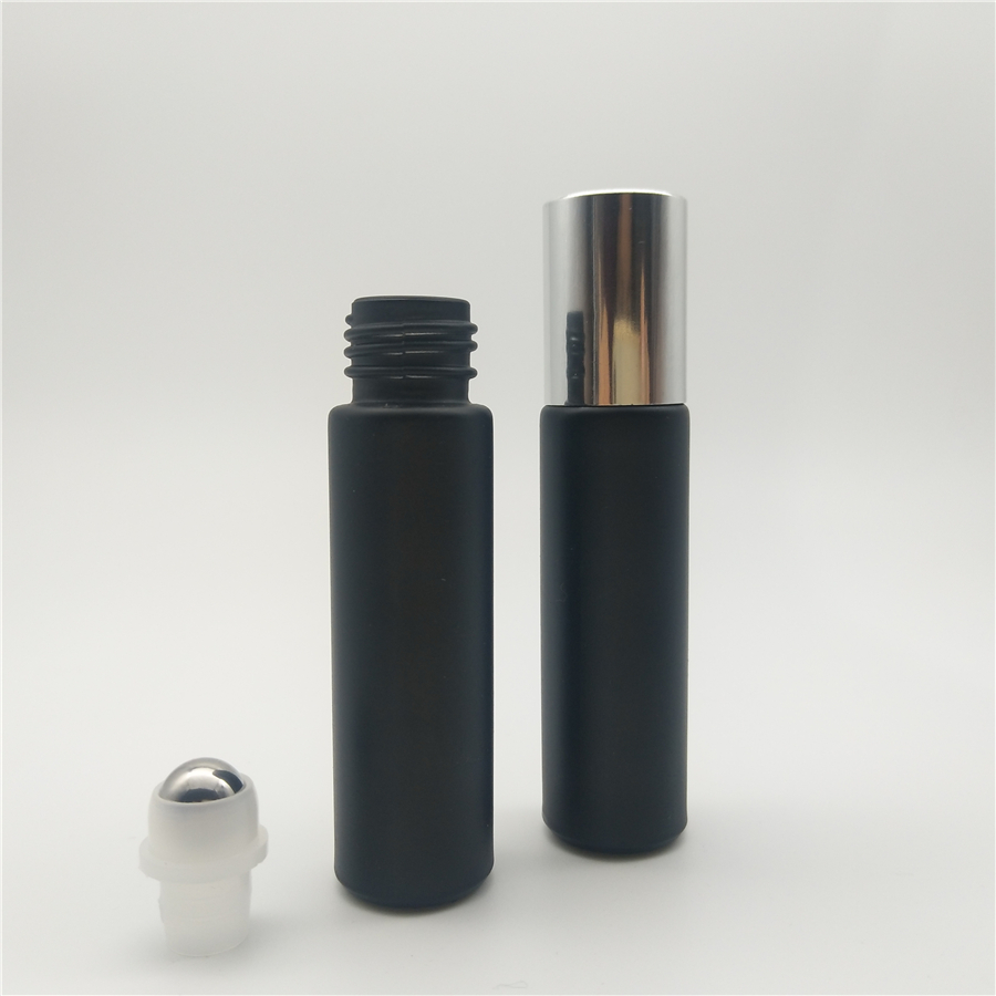 Sale deodorant 10 ml matt black glass roll on bottles  with bright silver lid