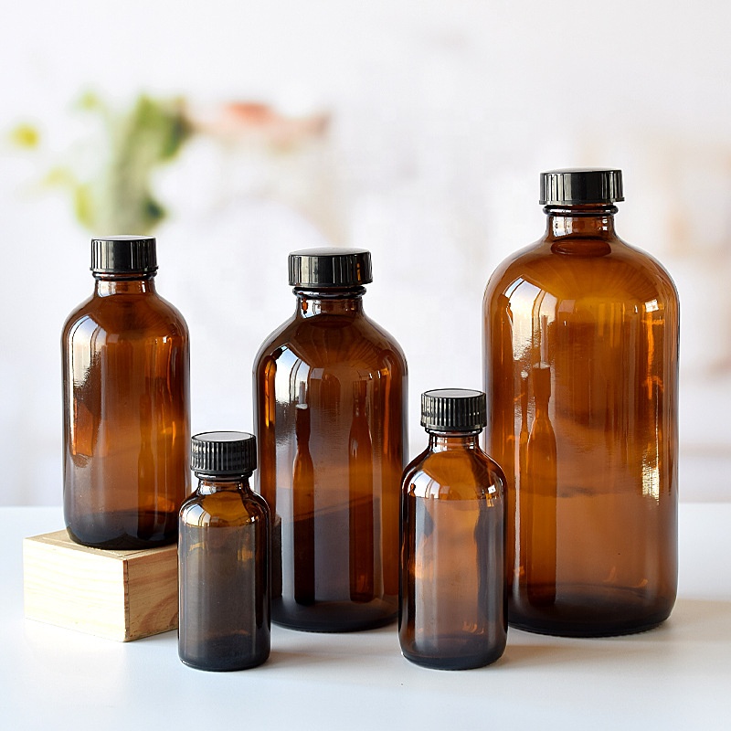 Sale1oz 2oz 4oz 8oz 16oz 32oz 375ml 750ml 1000ml Amber Boston Round Glass Bottles