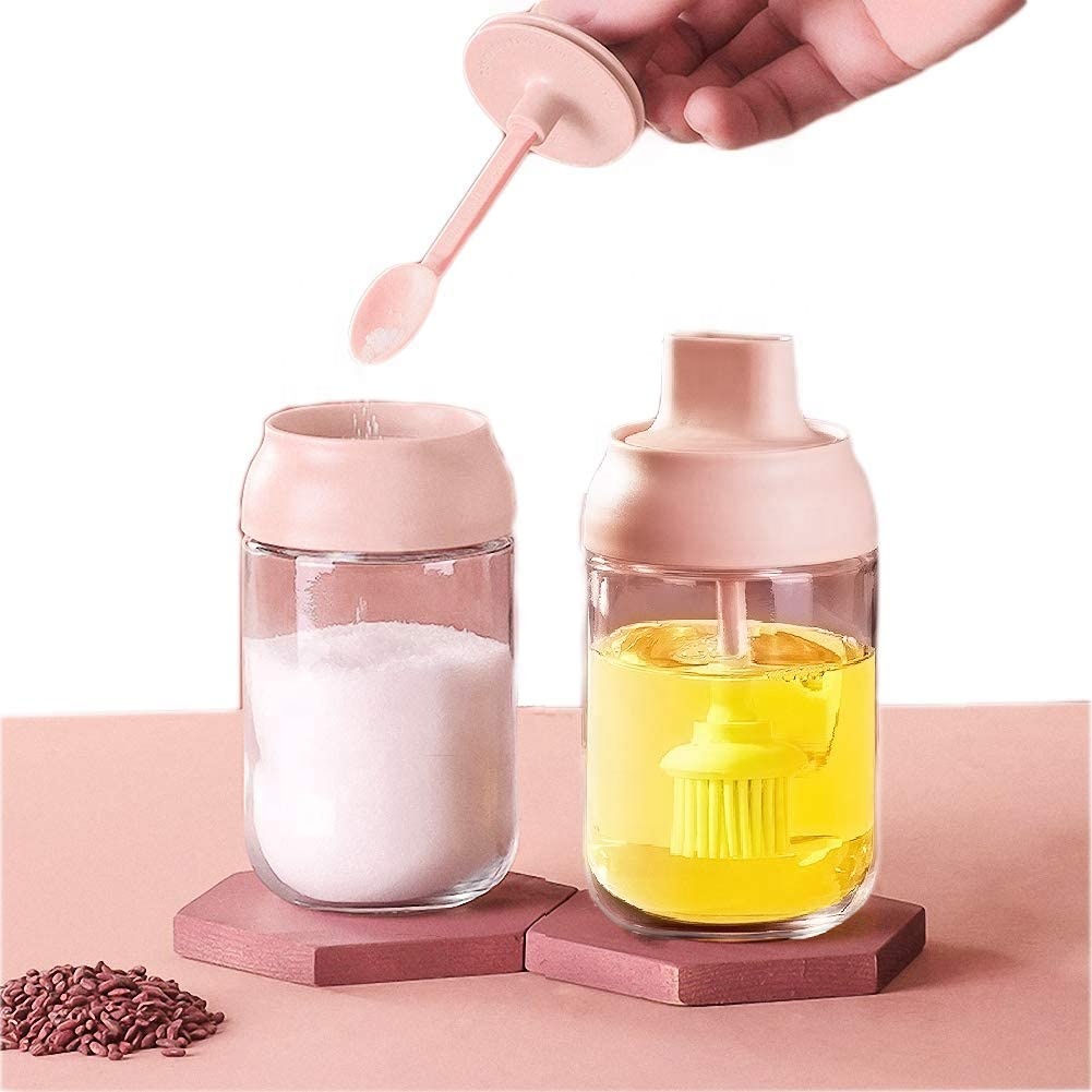 Salt Sugar Glass Storage Container Olive Oil Bottle 250ml with Brush and Spoon for Kitchen