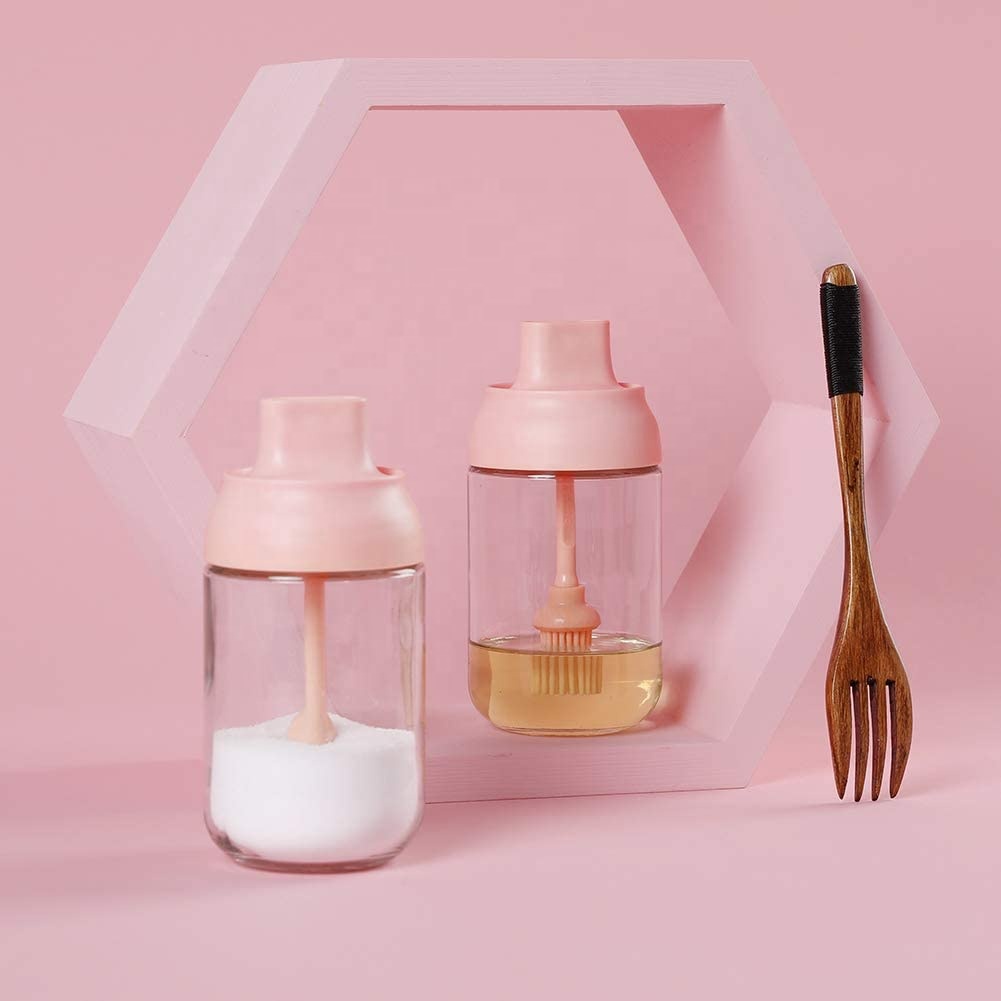 Salt Sugar Glass Storage Container Olive Oil Bottle 250ml with Brush and Spoon for Kitchen
