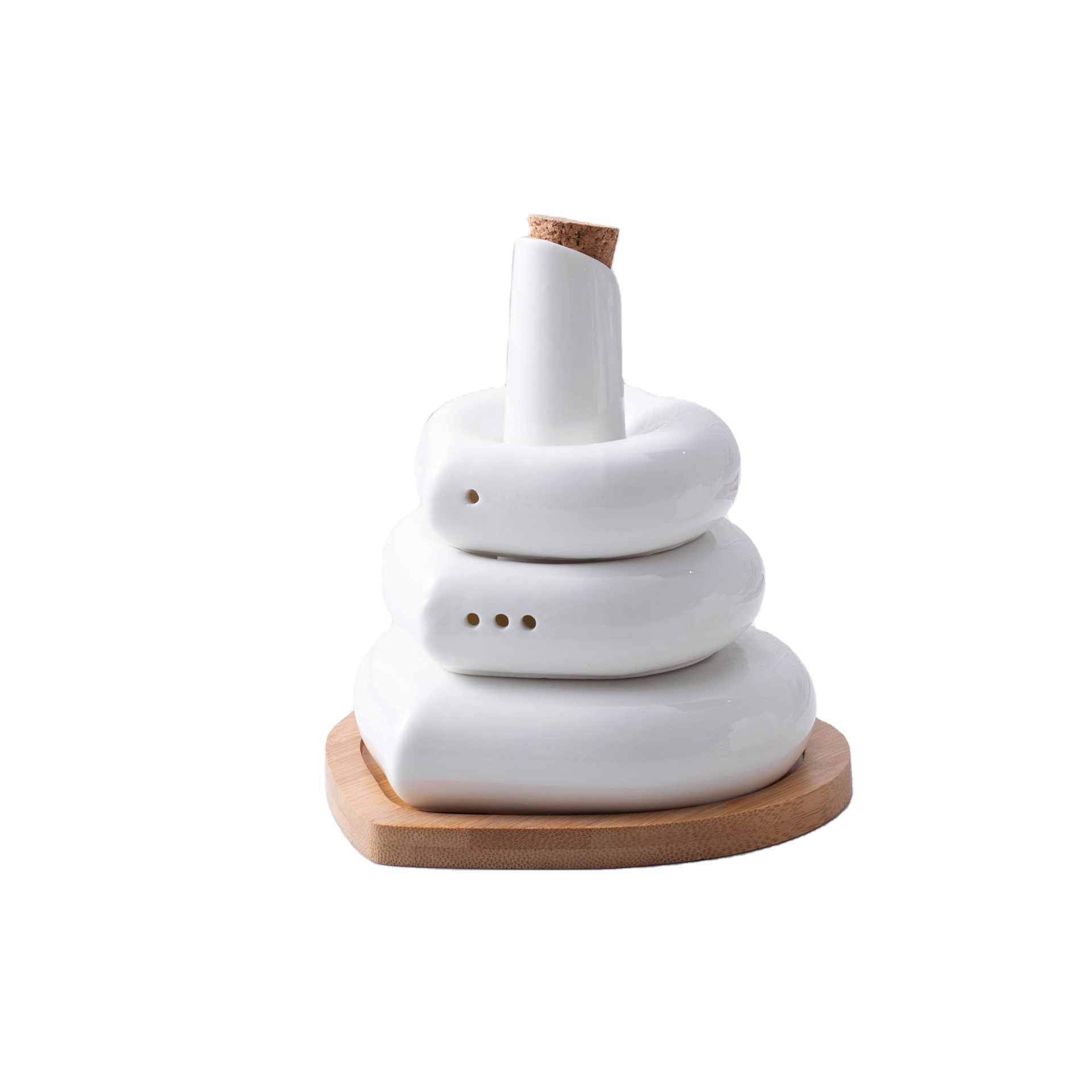 Salt pepper soy sauce cans with bamboo wooden chassis pure white heart-shaped nordic seasoning oil ceramic spice jar