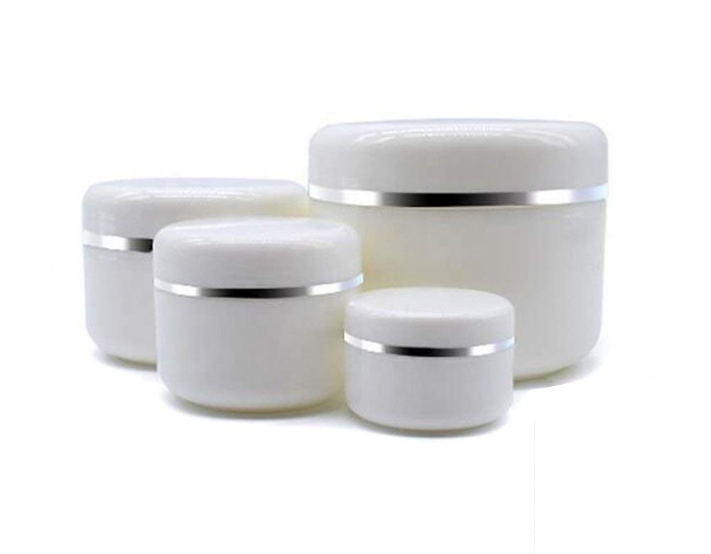 Sample container 30g empty white silver-rimmed portable refillable plastic cosmetic cream jar with lining and dome cover