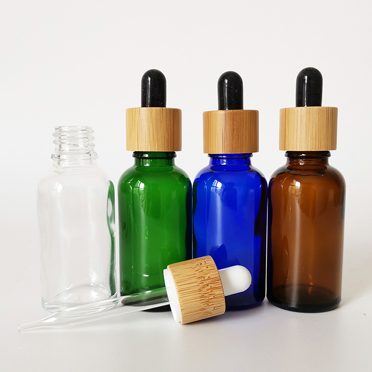 Screen Printing 5ml 10ml 20ml 30ml 50ml Clear Green Blue Amber Glass Dropper Bottle with bamboo caps