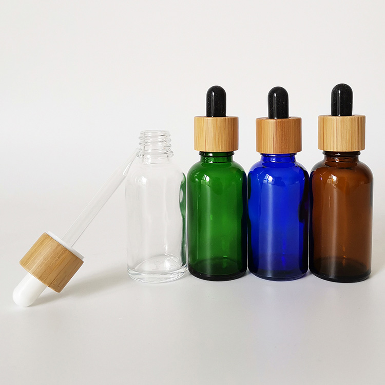 Screen Printing 5ml 10ml 20ml 30ml 50ml Clear Green Blue Amber Glass Dropper Bottle with bamboo caps