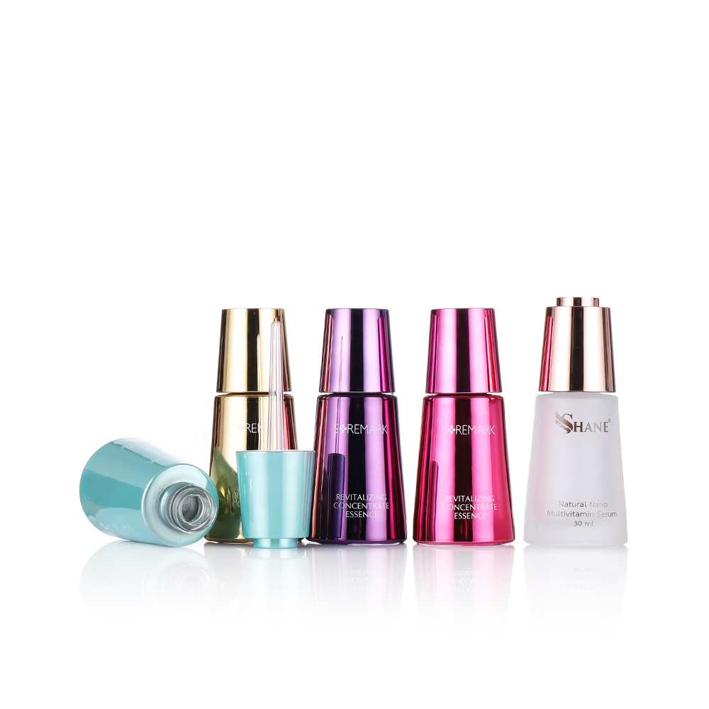 Screen printing 30ml shinny gold glass dropper bottle with press button