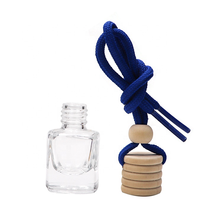 Screw On Wooden Cap 6ml Square Hanging Car Diffuser Bottle Essential Oil Air Freshener Glass Perfume Bottle